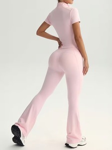 Womens Short Sleeve Full Zip <b>Mock</b> <b>Neck</b> <b>Top</b> and Flared Pants Set | 2 Piece Gym Workout Tracksuit Fitted Activewear Co ord - Product Image 6