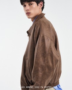 Blouson aviateur en cuir PU marron pour homme, col rabattu, fermeture éclair, coupe ample, idéal pour l'automne - Product Image 5