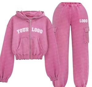 Custom Women's Pink Fleece Hooded Sweatshirt <b>Set</b> With Logo Print Loose Fit Casual Sportswear Jogging Suit Full Length Two Piece - Product Image 1