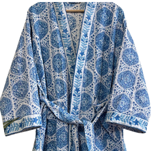 Albornoz de algodón gofrado estampado a mano en azul y blanco, largo, tipo kimono, para spa, hogar, hotel, playa, para mujer y hombre, venta al por mayor, personalizado, B2B - Product Image 4