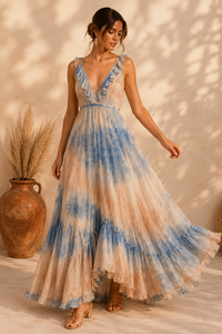 Vestido maxi bohemio de chifón con efecto tie-dye, cuello en V, sin mangas, dobladillo con volantes, cintura imperio, corte en A, vestido casual de verano - Product Image 4