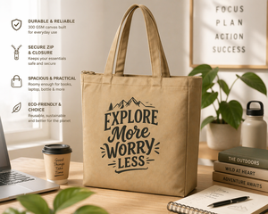 Khaki Canvas <b>Tote</b> Bag 17x15x5 Zipper Closure Reusable Shopping Bag Long Handle Minimalist Style All Seasons - Product Image 4