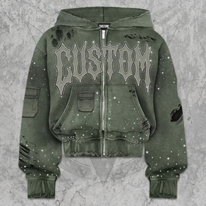 Custom Design Rhinestone <b>Hoodie</b> Unisex Streetwear <b>Zip</b>-<b>Up</b> Patchwork Print Oversized Fit <b>Black</b> Knitted Polyester Autumn Wear - Product Image 1