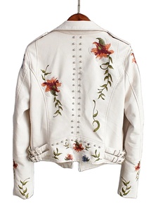 Floral Print Embroidery Faux Soft Leather Jacket Women Pu Motorcycle Coat Female Black Punk Zipper Rivet Outerwear - Product Image 4