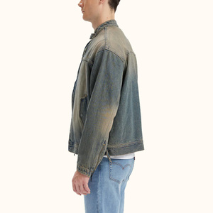 Oversized Fit Boxy Style <b>Jacket</b> New Stand Collar Distressed Wash Outerwear <b>Zip</b> <b>up</b> Denim <b>Jacket</b> for Men - Product Image 2