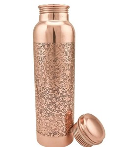 Bouteille d'eau en cuivre pur, finition brillante, gravée de motifs floraux, pour la maison, le bureau, la salle de sport, récipient à boisson artisanal vintage. - Product Image 1