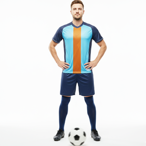 Maillot de football personnalisé à col en V avec nom d'équipe, bleu marine/bleu ciel avec bande jaune moutarde, professionnel, respirant, séchage rapide, unisexe - Product Image 3