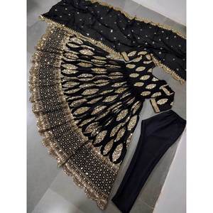 DISEÑADOR GEORGETTE BORDADO SECUENCIA TRABAJO VESTIDO INFERIOR CON DUPATTA NEGRO - Product Image 1