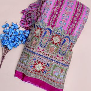 Ensemble de robe et de veste en tissu crêpe léger de 54 pouces, motif paisley rose magenta vibrant, broderie de paillettes scintillantes, style ethnique indien - Product Image 3
