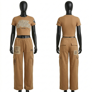 Women Brown 320 GSM Cotton Polyester Fleece Crop <b>Top</b> Jogger Set <b>Rhinestone</b> Heat Transfer Custom Logo Women's Set - Product Image 3