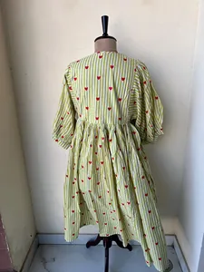 <b>Women's</b> Boho Yellow Striped Heart Print Cotton Midi Dress Tie-Neck 3/4 Puff Sleeve Casual Summer Dress - Product Image 2
