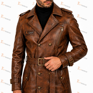 <b>Men's</b> <b>Brown</b> Leather Breathable <b>Trench</b> <b>Coat</b> with Belt Turn-down Collar Double Breasted Design Fashion Streetwear Custom OEM - Product Image 6