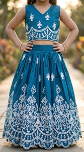 Shoryam Fashion Girls Teal Embroidered Lehenga Choli Kids Traditional Ethnic Wear Crop <b>Top</b> Skirt <b>Festive</b> Wedding Party Dress Set - Product Image 4