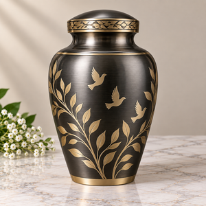 Urna Funeraria Tranquil Aviary con Aves Doradas, Ramas Botánicas, Acabado Metálico Oscuro y Tapa Decorativa - Product Image 1