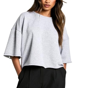 T-shirt crop top oversize de haute qualité pour femme, décontracté, à épaules tombantes, col rond, couleur unie, coupe ample, style streetwear - Product Image 1