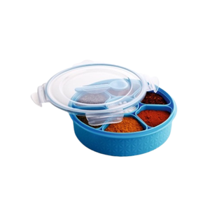 Boîte à épices ronde en plastique bleu avec 7 compartiments, couvercle hermétique et cuillère pour usage en cuisine - Product Image 2