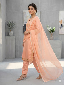 Salwar Kameez d'hiver en polyester pêche, style pakistanais Bollywood, brodé, ensemble 3 pièces, pour mariage et fêtes, tenue ethnique indienne traditionnelle - Product Image 2