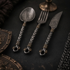 Ensemble de couverts médiévaux traditionnels faits à la main en acier, cuillère, fourchette, couteau, pour la maison, le camping et les repas en plein air - Product Image 2