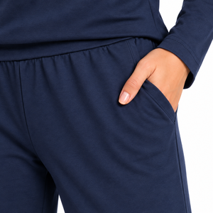 Women's Navy <b>Lounge</b> <b>Set</b> Long Sleeve Mock Neck Top Straight Leg Pants Casual <b>Two</b> <b>Piece</b> Pajama <b>Set</b> Wholesale OEM ODM Apparel B2B - Product Image 4