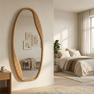 Miroir mural ovale asymétrique moderne en bois massif, cadre incurvé allongé, fait main, pour mariage, salon, pleine longueur, coiffeuse - Product Image 3