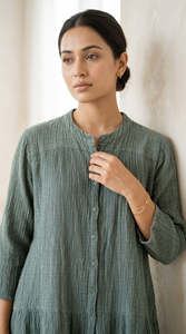 Linen Maxi Dress Crew Neck <b>Three</b> Quarter Sleeve Loose Fit Solid Color Button Front Casual Daily Wear All Seasons Women - Product Image 5