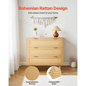 Modern 3-Drawer <b>Rattan</b> <b>Dresser</b> with Metal Handles and Wooden Legs Natural Closet Storage for Bedroom Living Room or Hallway - Product Image 4