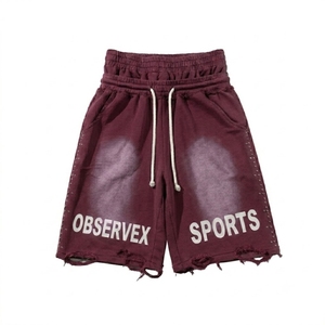 Shorts en coton French Terry de haute qualité pour hommes, style streetwear, avec cordon de serrage, logo personnalisé, patchwork, effet délavé et usé. - Product Image 1
