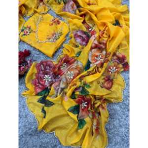 Sari à imprimé floral exquis avec des perles et des broderies Katdana sur le bord, magnifiques artisanats textiles et de tissus - Product Image 4