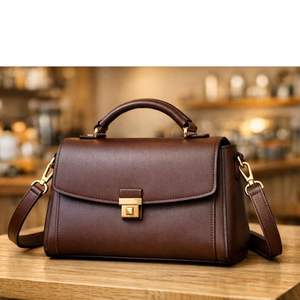 กระเป๋าหนังสีน้ำตาลทรง Satchel แบบสะพายข้าง มีฝาปิดและตัวล็อคโลหะ เหมาะสำหรับใช้ในชีวิตประจำวัน - Product Image 2