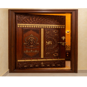 Porte de temple sur mesure en gros, porte de salle de prière indienne haut de gamme avec symbole Om, porte de salle de prière artisanale en teck Gaja Lakshmi - Product Image 1