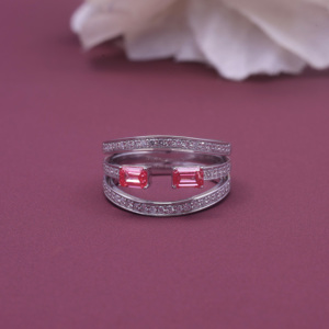 Bague triple bande en argent sterling 925 massif avec diamant rose fantaisie cultivé en laboratoire certifié IGI, taille émeraude, bague statement - Product Image 1
