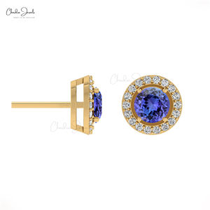 Boucles d'oreilles clous en or massif 14 carats faites à la main avec tanzanite 0,54 CTW taille ronde et halo de diamants pavés, bijoux délicats, prix de gros - Product Image 3