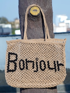 Crochet Women's Jute Tote Bag Diamond Lattice Pattern Letter Bonjour Bohemian Autumn <b>Water</b> Resistant Zip Closure Lightweight - Product Image 1