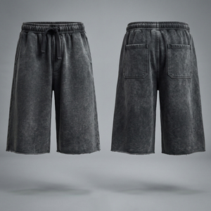 Custom Men Heavy Cotton Long <b>3</b>/<b>4</b> <b>Shorts</b> Embroidery Patchwork Vintage Washed Knee Length Baggy Bermuda Sweat <b>Shorts</b> - Product Image 1