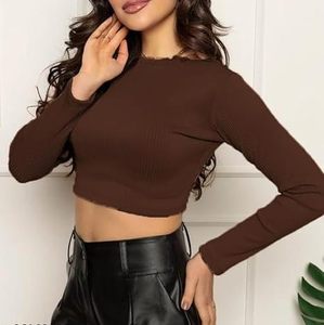 Full Sleeve <b>Crop</b> <b>Top</b> Ladies Casual Sporty Active Wear T Shirt <b>Top</b> Round Neck - Product Image 1