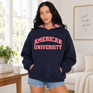 <b>American</b> University Navy Blue Hooded Sweatshirt Women's Fleece Cotton Pullover Autumn Casual Wear Regular Length Full Sleeve - Product Image 2