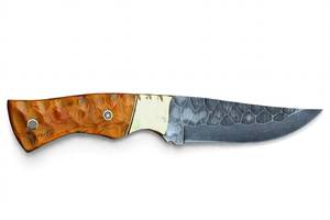 Handcrafted custom <b>profile</b> damascus steel outdoor utility <b>tool</b> with Burl Wood Handle and Polished Gold Brass - Product Image 3