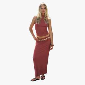 Women's <b>Full</b> Long <b>Skirt</b> Solid Color Knitted 2 Piece Set Sleeveless Turtleneck Crop Top Spandex Polyester Sexy Women <b>Maxi</b> <b>Skirts</b> - Product Image 3