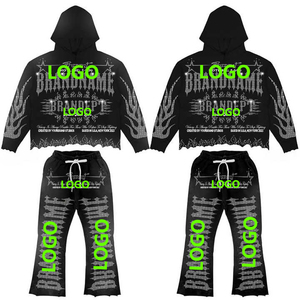 Conjunto de Sudadera con Capucha Personalizada 100% Algodón, Lavado Ácido, Estilo Vintage, con Bordado 3D y Decoración de Pedrería para Invierno - Product Image 2