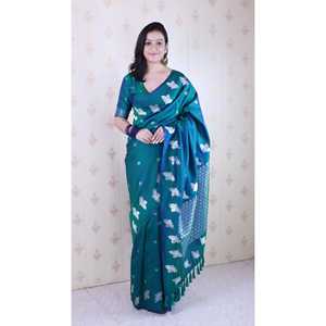 Sari de Seda Suave Verde con Bordado de Zari Doble y Borde de Aves, Elegantes Vestidos de Cóctel - Product Image 6