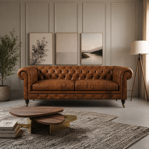 Chesterfield Genuine Leather <b>Sofa</b> Three Seat Tufted Back Rolled Arms Wood Legs Living Room Furniture Leather <b>Sofa</b> - Product Image 1