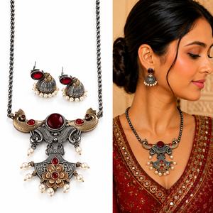 Ensemble collier et boucles d'oreilles en laiton plaqué argent antique avec pierres grenat, style bohème, bijoux de mariage pour femmes, vente en gros - Product Image 1