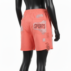 Shorts cortavientos para mujer, tela de nailon premium, color rosa coral sólido, con pedrería termoadhesiva, logotipo personalizado, shorts con cadena para mujer - Product Image 5