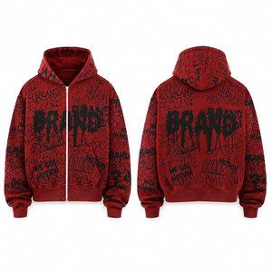 <b>Red</b> Oversized Zip-Up Hoodie <b>Men</b> Streetwear Printed Graffiti Style Breathable Knitted Hooded <b>Sweatshirt</b> Autumn Fashion Hoodie - Product Image 1