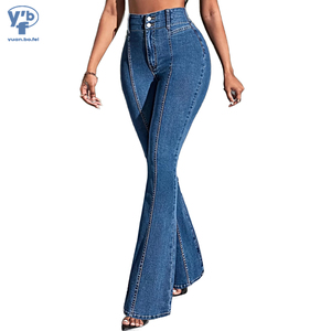 YUANBOFEI Nouvelle Collection Jean Femme Bleu Denim Coupe Droite Taille Mi-Haute Extensible avec Empiècements Avant et Arrière 100% Coton Respirant - Product Image 2