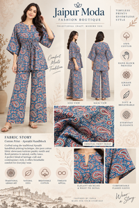 Blue Ajrakh Printed Floral <b>Kaftan</b> Co-Ord Set Wide-Leg Palazzo Pants Natural Waist Ethnic Casual Wear for <b>Summer</b> Resort Everyday - Product Image 5