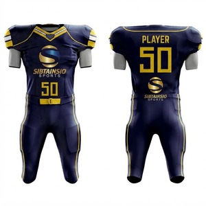 Ensemble Maillot et Pantalon de Football Américain Professionnel en Twill Numéroté, Uniforme Athlétique Sublimé Bleu Marine et Or - Product Image 1