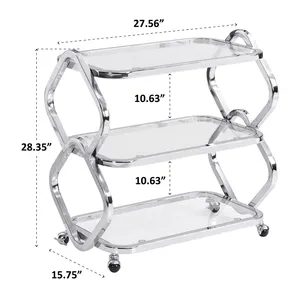 Chariot de service moderne en chrome à 3 niveaux avec étagères en verre et roulettes, 27,56x15,75x28,35 pouces, design durable - Product Image 3