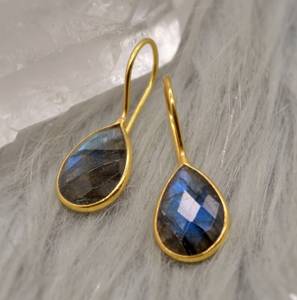Boucles d'oreilles pendantes en labradorite, argent sterling 925 plaqué or, forme poire, bijoux tendance pour femmes, pour les occasions de mariage et de fête - Product Image 1