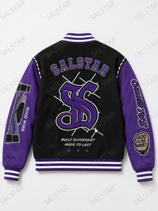 Veste bomber varsity noire en laine pour homme, manches en cuir violet, broderies, patchs, streetwear, veste de baseball - Product Image 4